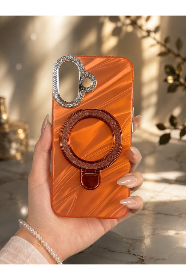 iPhone 16 Compatible Premium Stone Glossy Pearlescent Case with Stand – Camera Frame, Stylish Design, Shock Absorbing