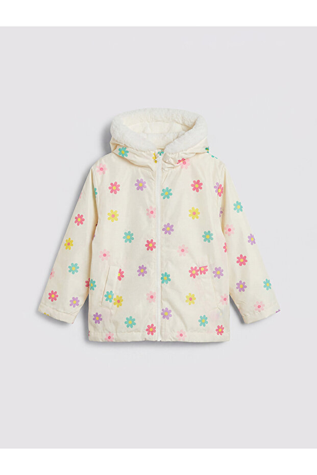 Hooded Floral Girl's Plush Coat