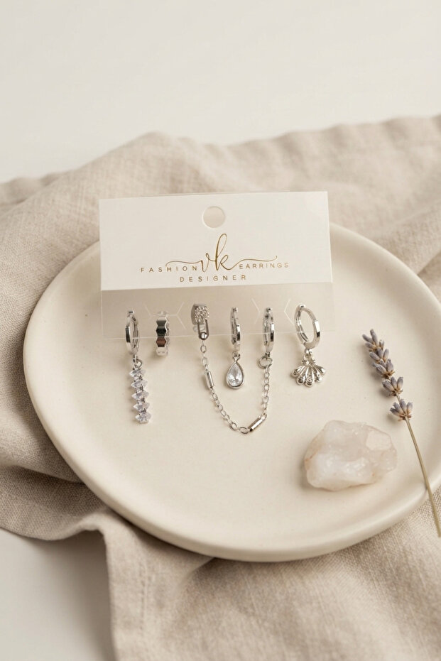 Silver Color Brass Zircon Stone Detailed 6-Piece Earring Combination Set