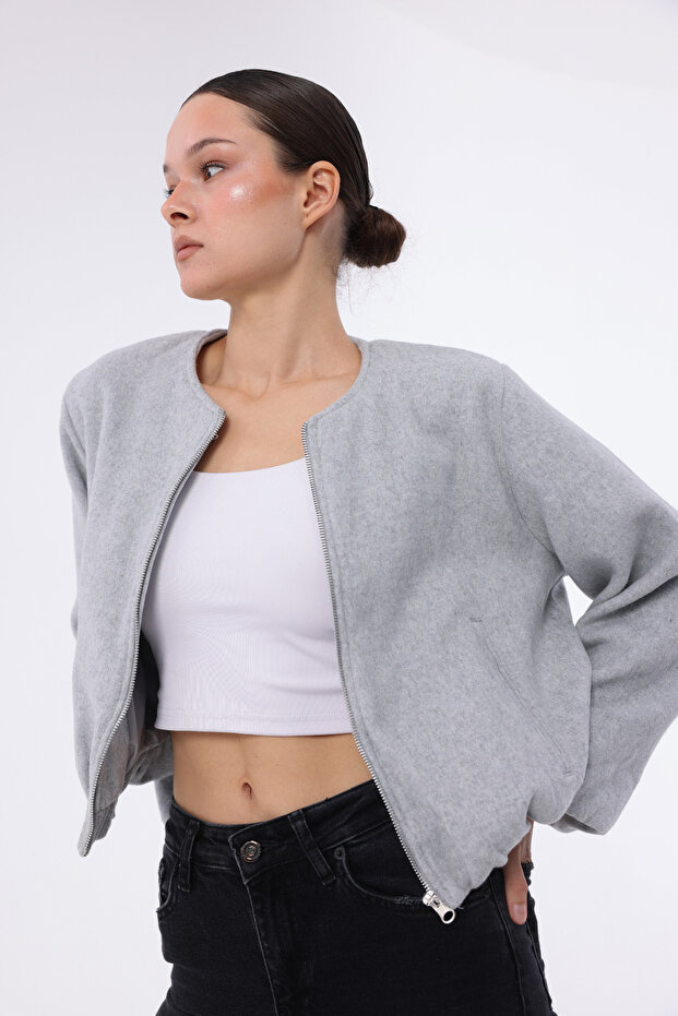 Women's Cashmere Bomber Jacket Gray Lined Zippered Short Model