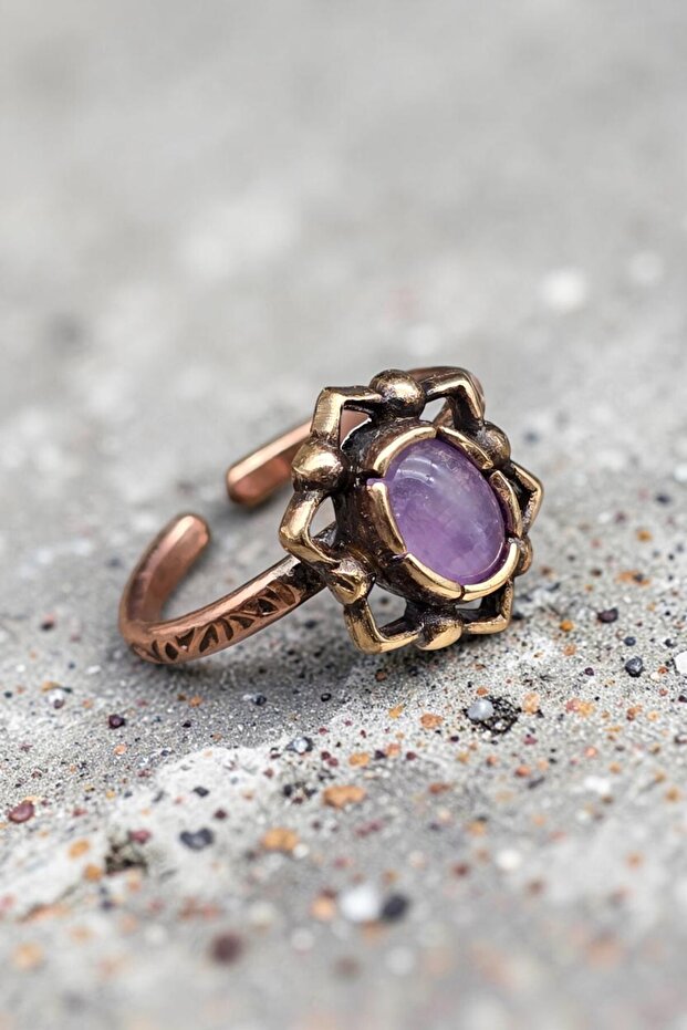 Women's Copper Natural Stone Amethyst Ring Adjustable