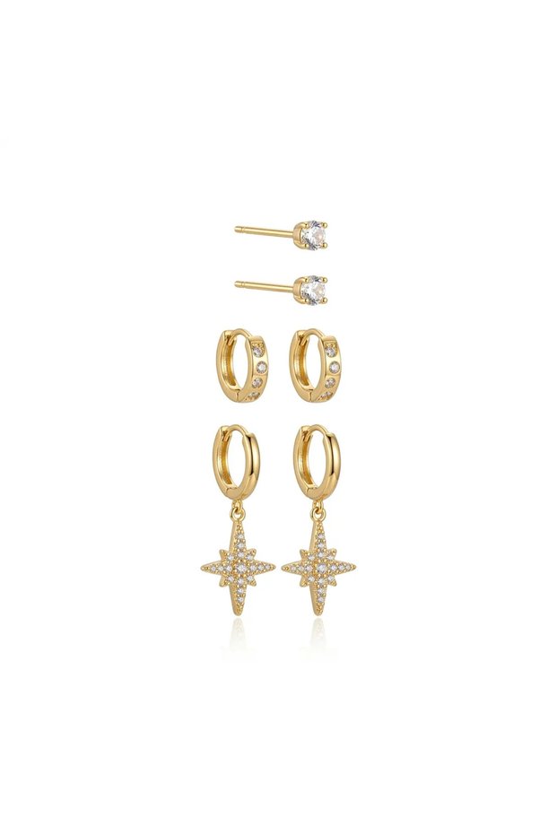 Steel Gold Color Zircon Stone Hoop and Dangle Star Single Stone Women's Earring Set