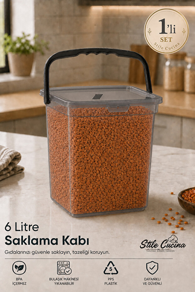 Mega Size Square Flour and Grain Container 6 Liters - Anthracite Detergent Dispenser Storage Box with Handle