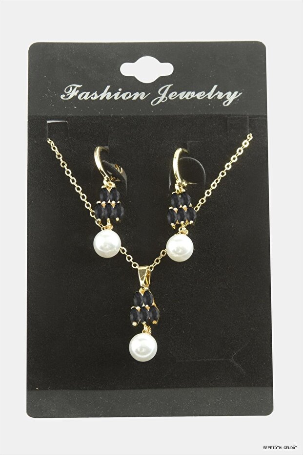 Spt-Gld Heart Pearl Zircon Stone Set (03816) Necklace Black