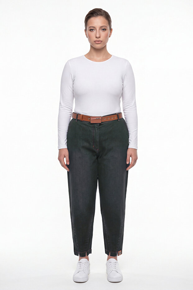 Women's Khaki Winter Denim Trousers with Belted Legs, Slits and Accessories