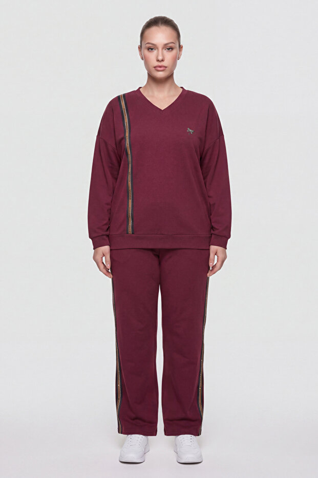 Women's Burgundy Winter V-Neck Stripe and Stone Detailed Accessory Tracksuit Set
