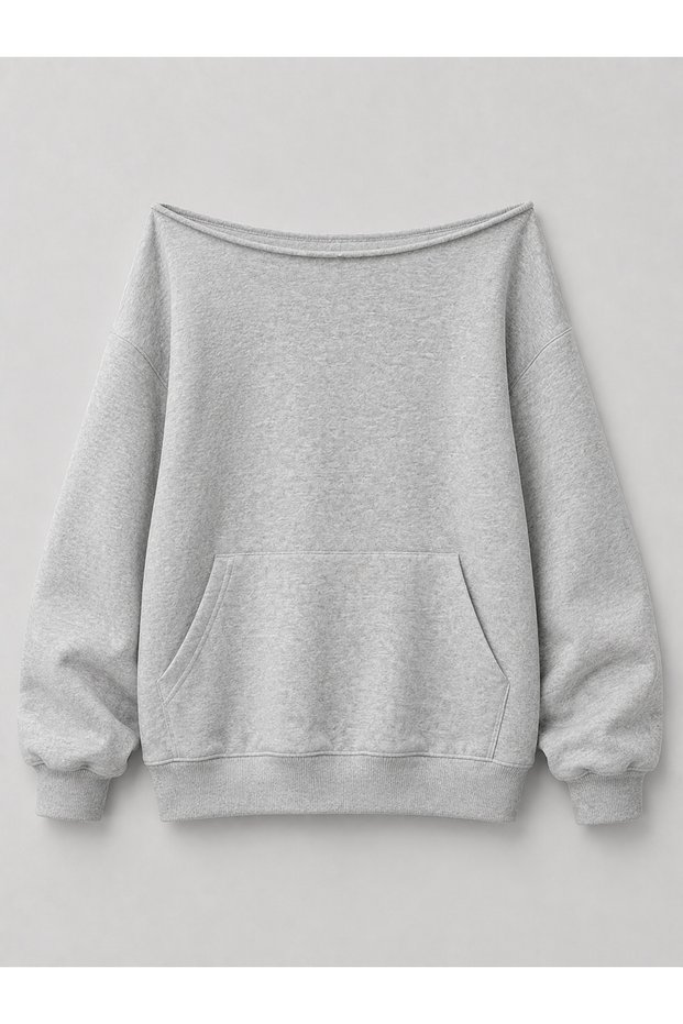 Women's Gray Oversize Boat Neck Kangaroo Pocket 100% Cotton Sweatshirt