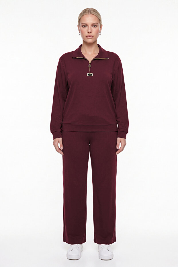 Women's Burgundy Seasonal Accessory Detailed Half-Zipper Tracksuit Set