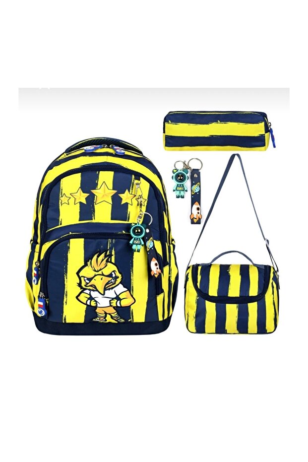 Kindergarten Nursery Bag Set - Large Internal Volume Yellow Navy Blue Striped Backpack Set of 3 with Lunch Bag