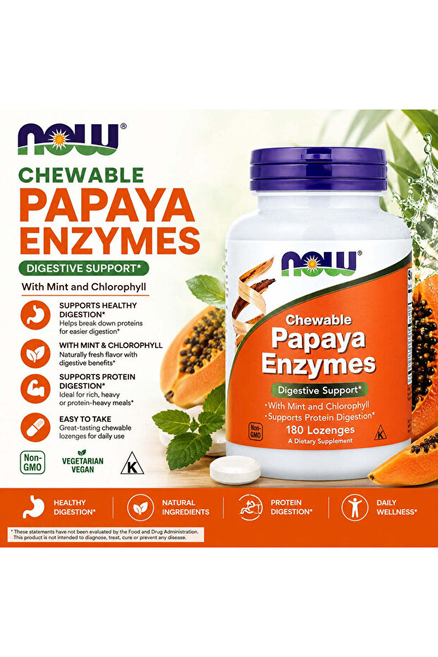 Chewable Papaya Enzymes Digestive Support with Mint and Chlorophyll 180 Lozenges