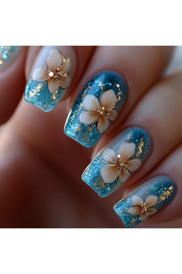 2784 24pcs/sest Short Medium fake nails for women girls colorful flowers Mushroom beach for Summer A