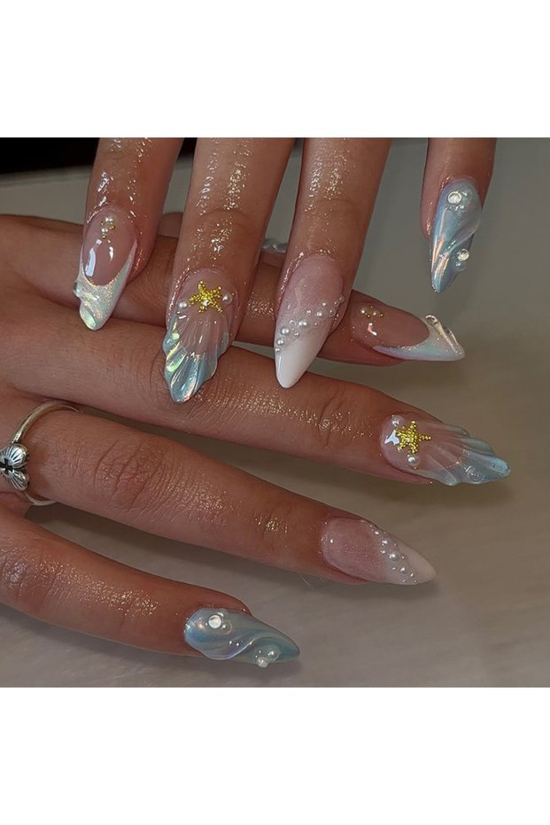 1569 24pcs/set 3D embossed fake nails for women girls Sea Shells flowers cat eyes short medium long