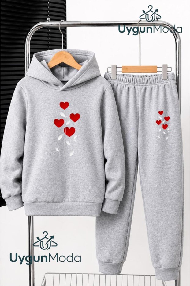 Four Hearts Flower Printed Hooded Thick Cotton Inside Tracksuit with Pockets Children's Bottom and Top Tracksuit Set