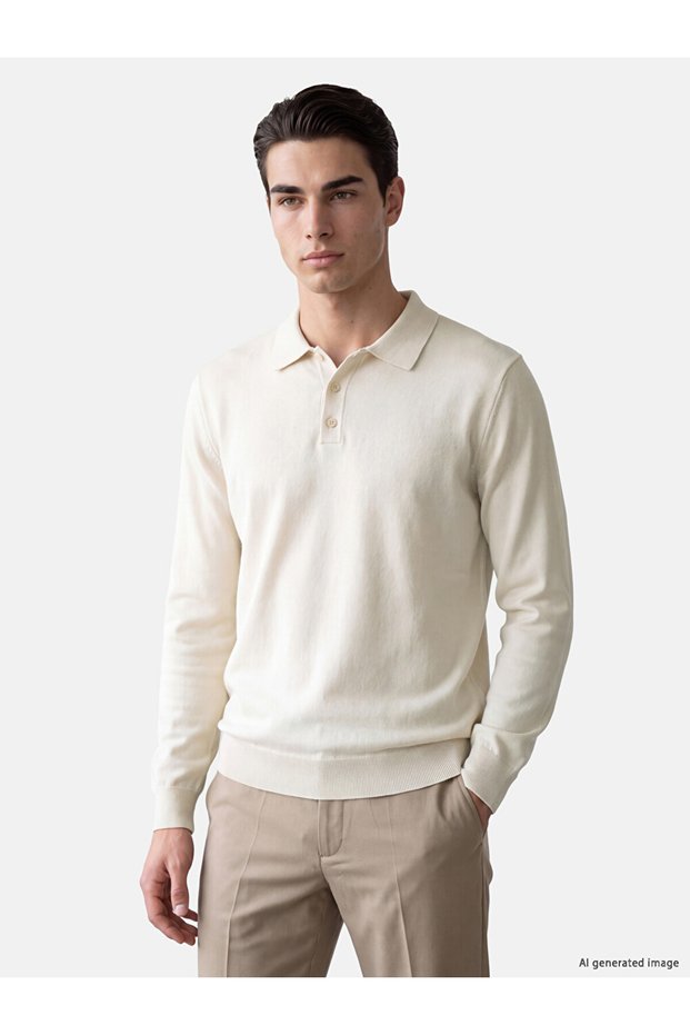 Vizyon New Season Beige Polo Collar Men's Knitwear Sweater