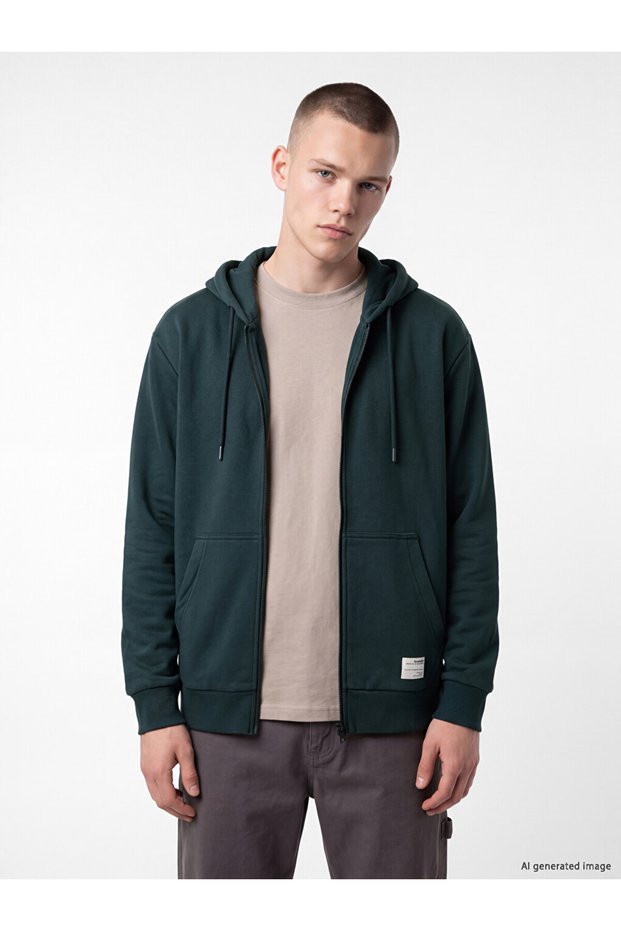 Ozmarka New Season Petrol Hooded Men's Zippered Sweatshirt