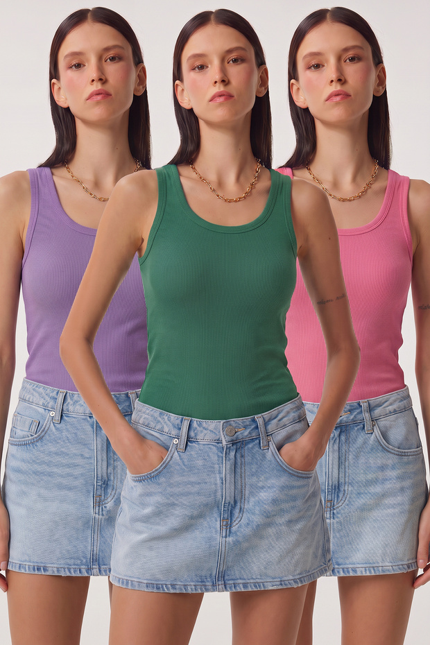 3-Piece Ribbed Thick Strap Knitted Undershirt Lrn0060 Green Lila Pink