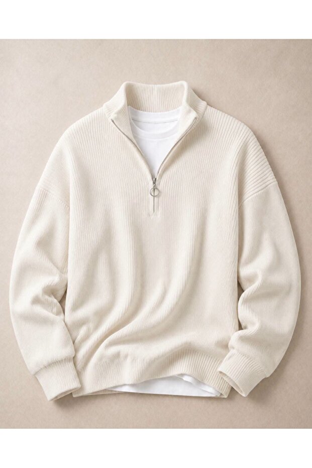 Unisex Ribbed Half-Zip Collar Detailed Knitwear