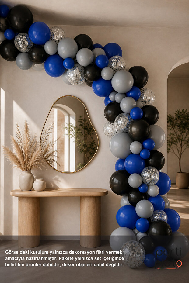 72-Piece Cosmic Night Balloon Arch Set, Includes Black Dark Blue Gray Transparent Silver Confetti Chain Tape