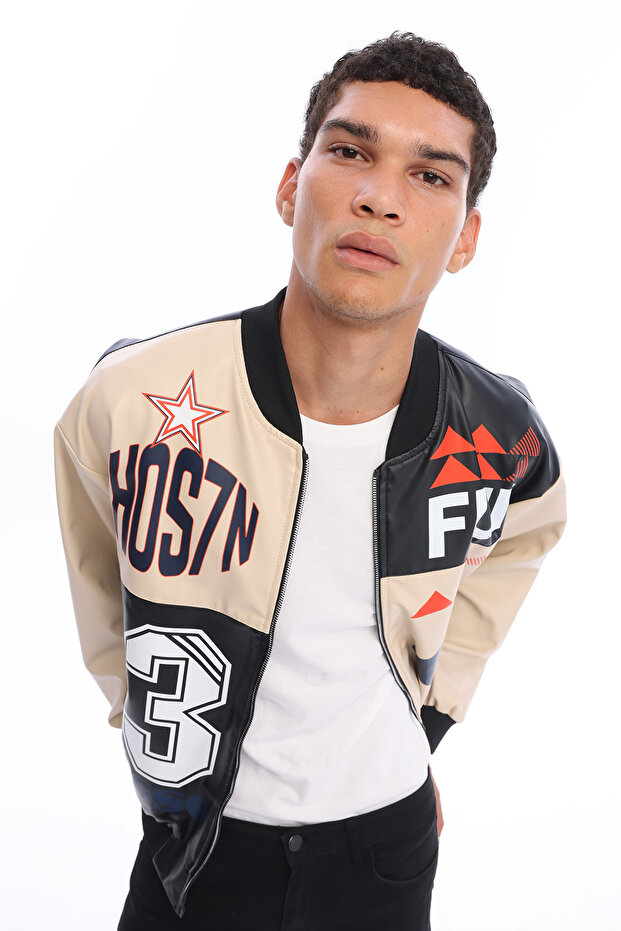 Men's Oversize Printed Zippered Coat Racer Design Biker Jacket