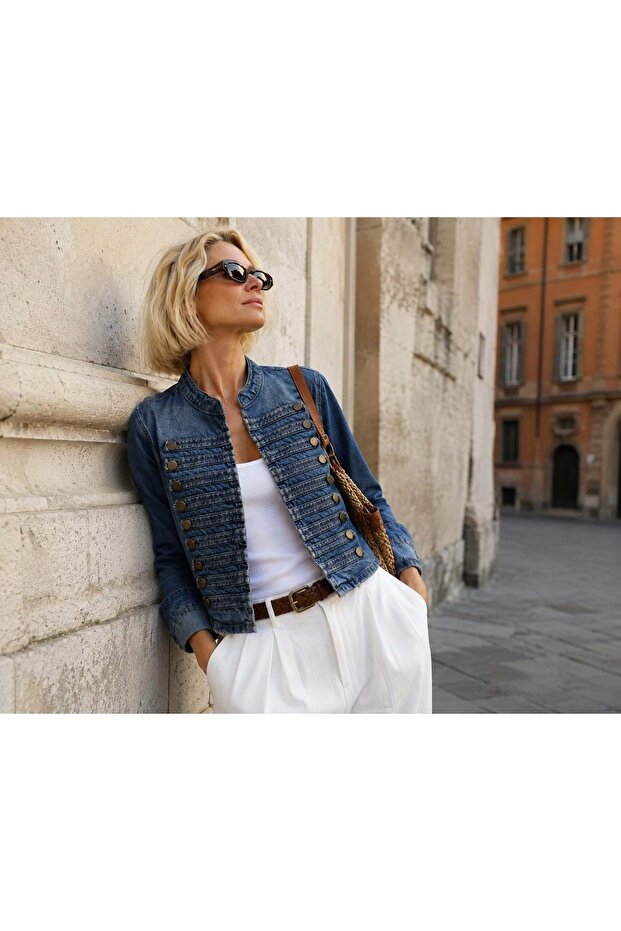 Iconic Agraf Closure Detailed Denim Jacket with Epaulet Button Detail - Blue - Bitter Brown