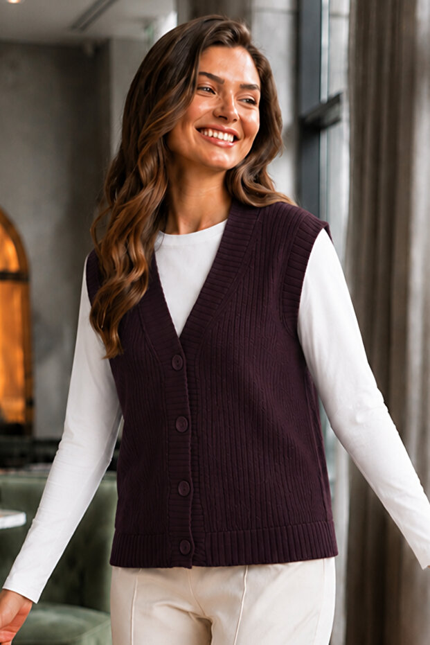 Buttoned Knitwear Sweater N518 Plum