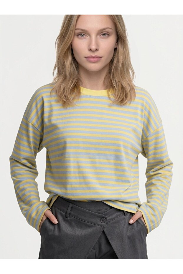 Women's Striped Oversize Long Sleeve T-Shirt Yellow Gray