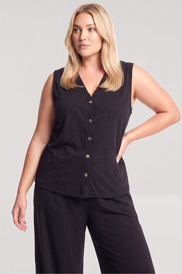 Plus Size Summer Pajama Set with Vest - Black