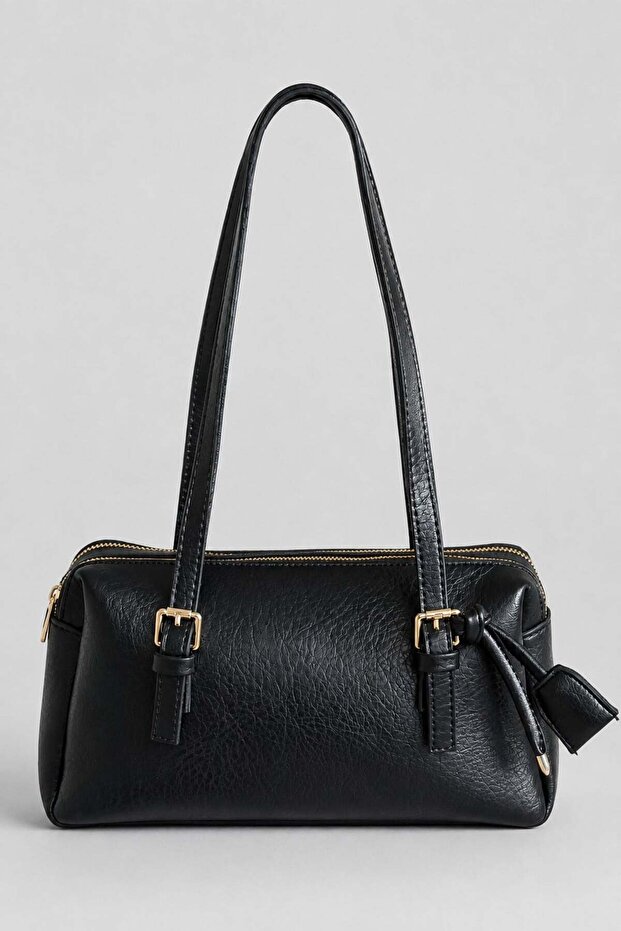 Black Women's Double Zippered Compartment Long Handle Daily Shoulder Bag