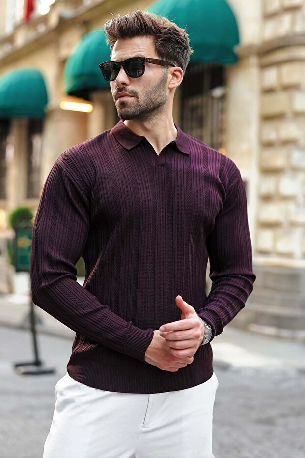 Plum Polo Collar Patterned over Fit Men's Knitwear Sweater E7517