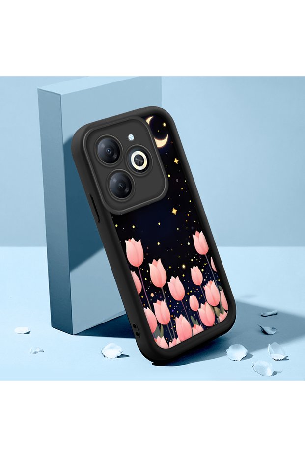 Tecno Spark Go 2024 Compatible Romantic Night Sky Pink Tulip Full Printed Silicone Case, Flexible Impact Protection