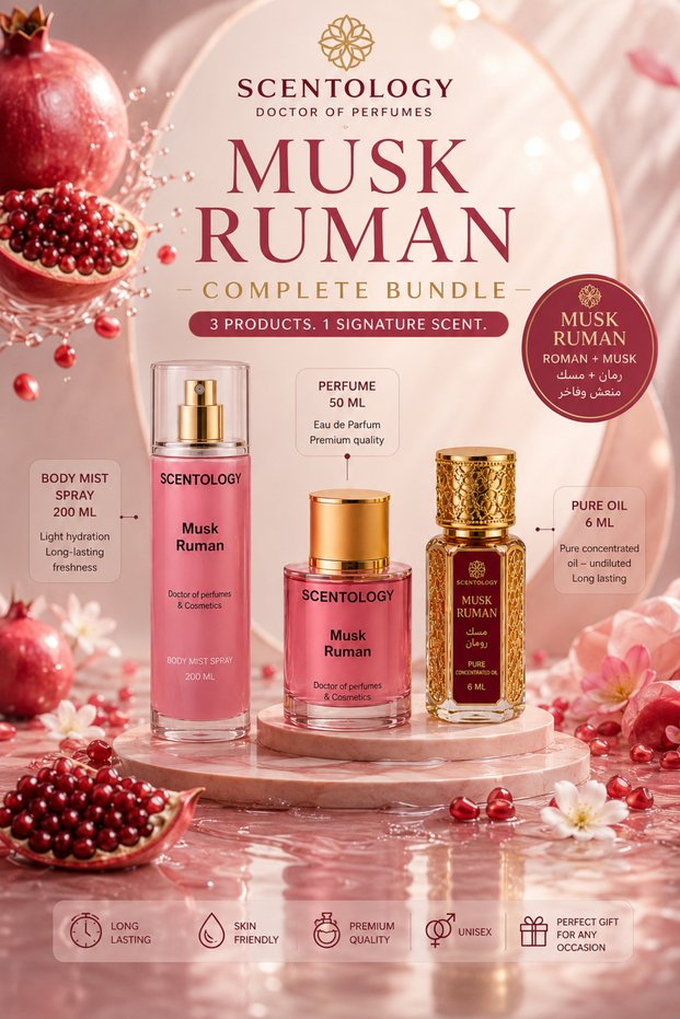 Scentology Doctor of Perfumes Musk Ruman Complete Layering Bundle – Perfume 50 ml + Body Mist 200 ml + Pure Concentrated Oil 6 ml – Unisex