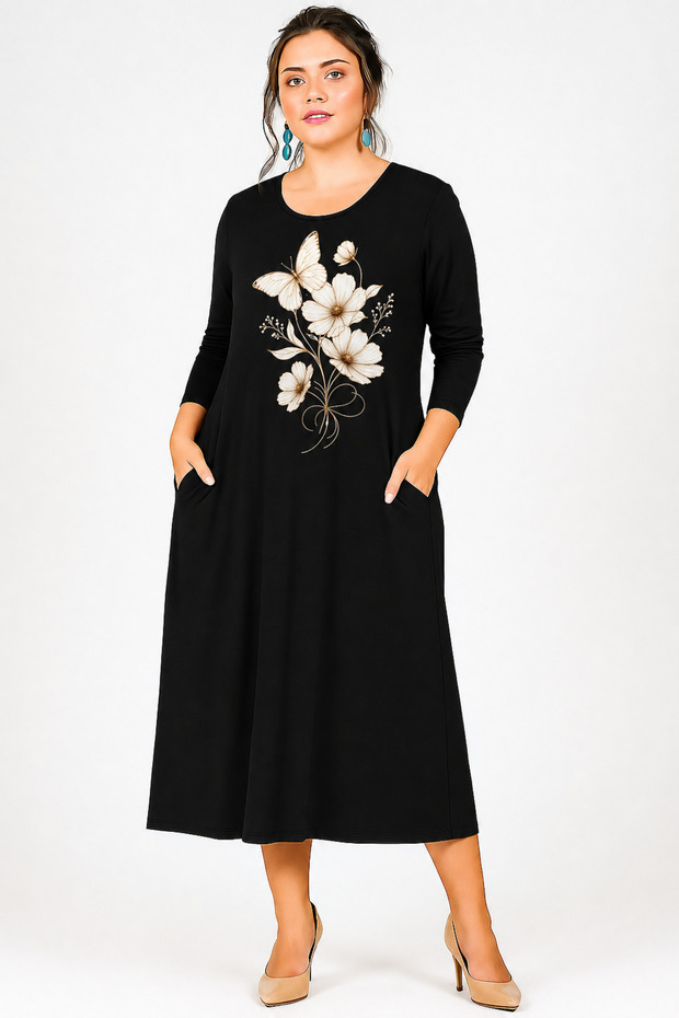 Plus Size White Butterfly Floral Print Wide Cut Long Sleeve Viscose Dress Black