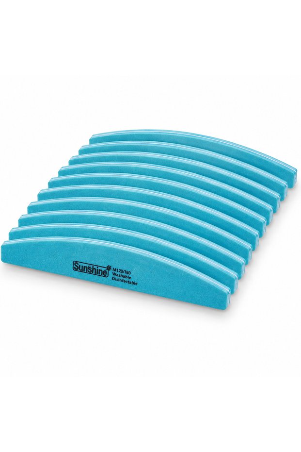 Sunshine Professional Curved Nail Files buffer120/180 Grit, Thick Cushioned Dual-Sided Washable and Disinfectable Nail Files for Natural, Acrylic and Gel Nails, Turquoise Blue, Pack of 10