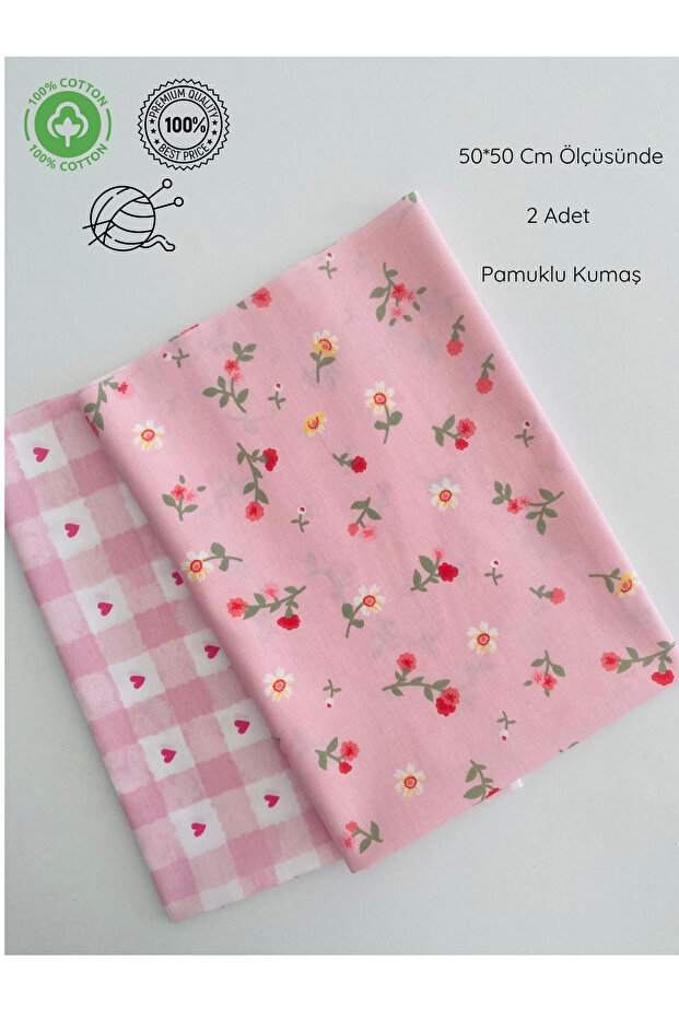 2 Pieces, Width 50 Cm, Pink Heart, Floral Bag, Wallet, Cotton Fabric for Hobby Projects