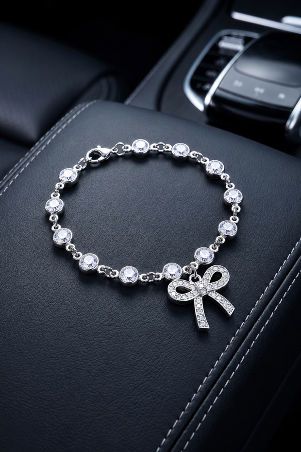 Women's Silver Color Stone Bracelet with Bow Figure, Elegant Design