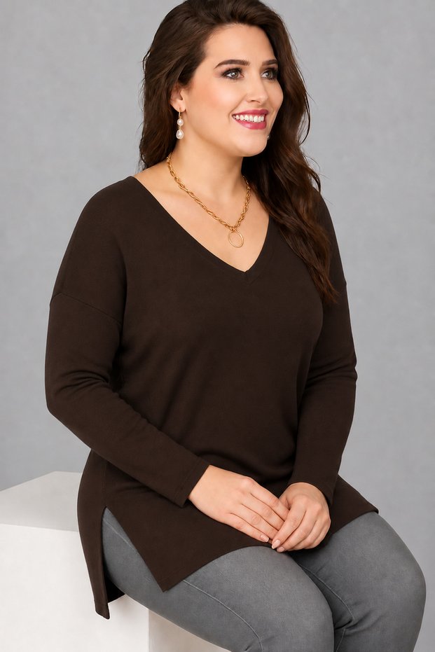 Plus Size V-Neck Long Sleeve Side Slit Blouse Brown