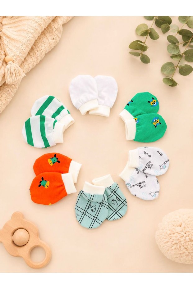 Newborn Baby Gloves 6 Pairs Set 100% Cotton Soft Textured Patterned Unisex 0-6 Months