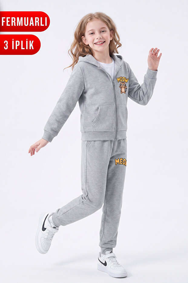 3 Thread Printed Zippered Girls' Tracksuit Set