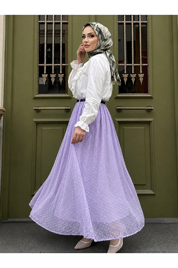 Pıtırcık Fabric Belted Lined Long Skirt -Lilac
