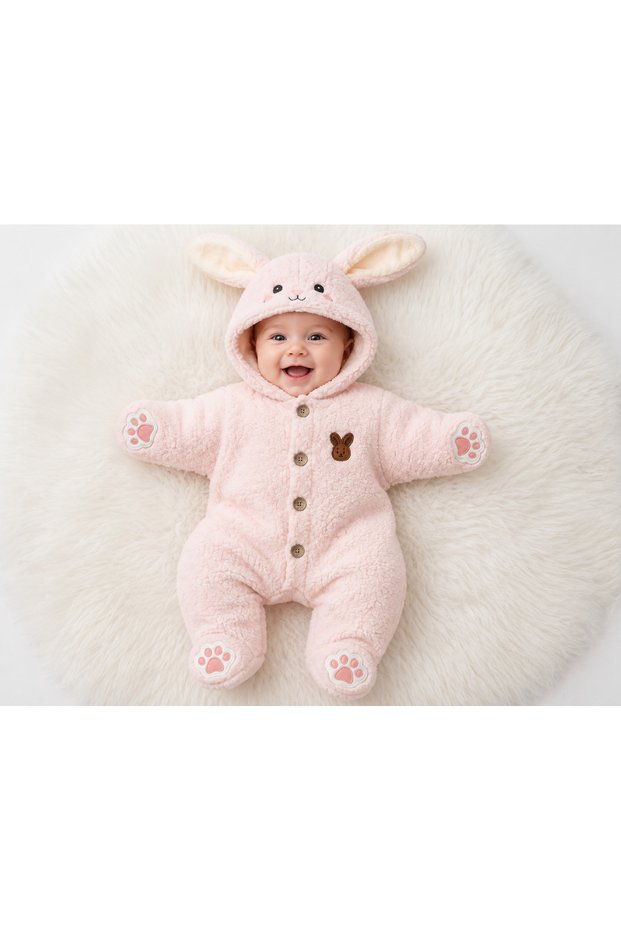 Powder Pink Plush Baby Jumpsuit with Rabbit Ears, Hood and Paw Detail, 0-6 Months