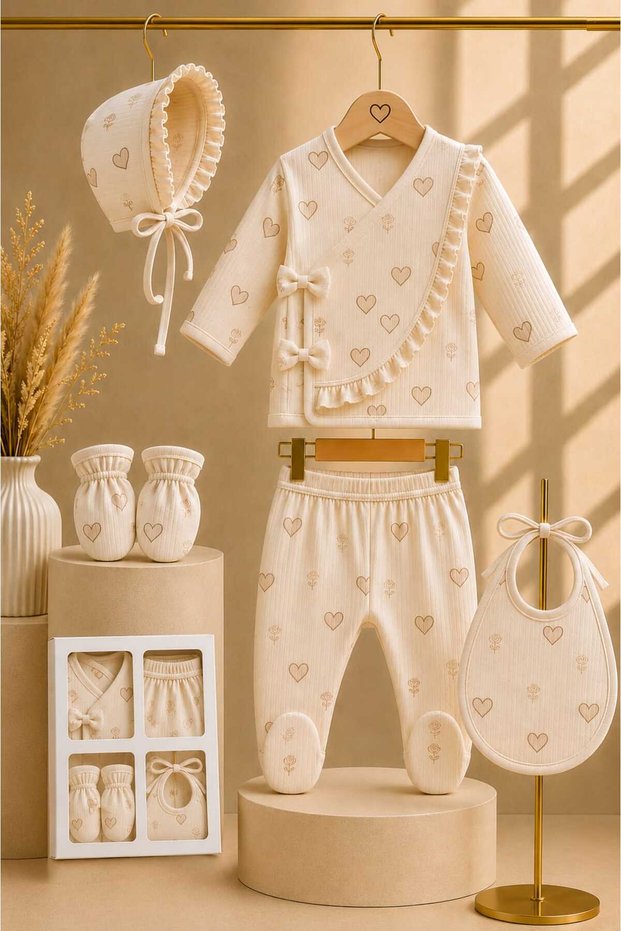 Baby Girl 5-Piece Hospital Discharge Set 100% Cotton Heart Patterned Ruffled Boxed Newborn Set-Gift