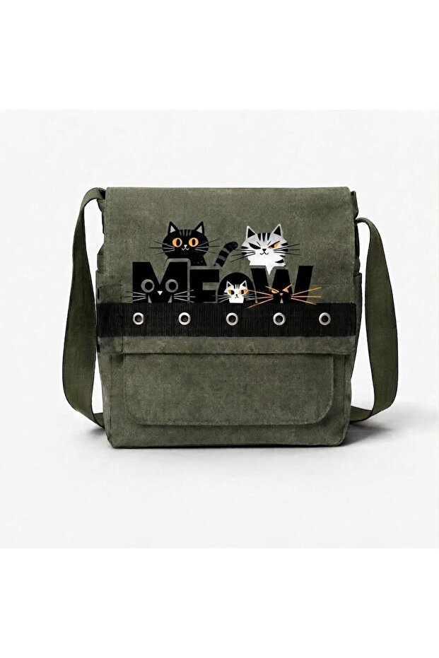Khaki Meow Printed Round Eyelet Messenger Bag