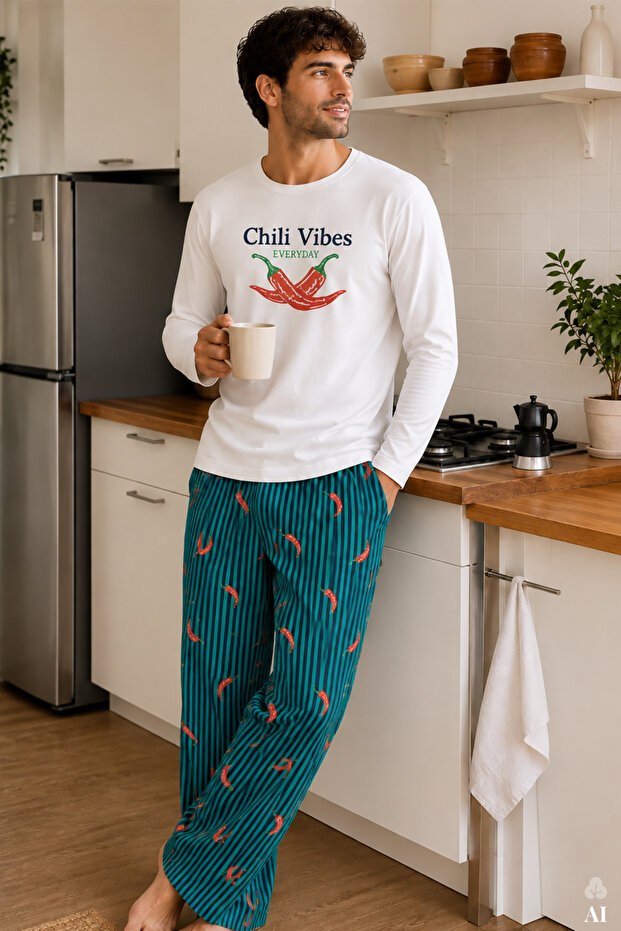 Men's Cotton Ecru Long Sleeve Pepper Printed Green Striped Patterned Pajama Set