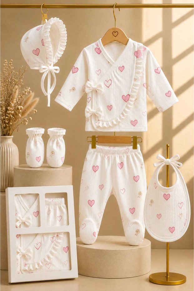 Baby Girl 5-Piece Hospital Discharge Set 100% Cotton Heart Patterned Ruffled Boxed Newborn Set-Gift