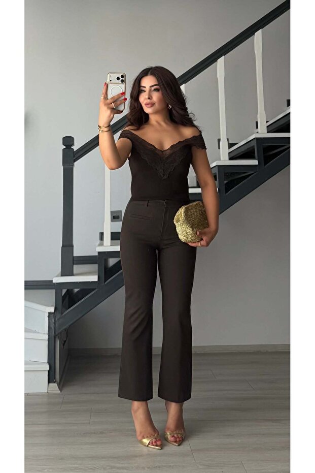 Bitter Brown Fabric Lycra Flare Pants