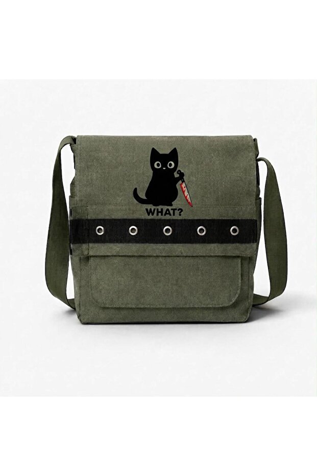 Khaki What Printed Round Eyelet Messenger Bag