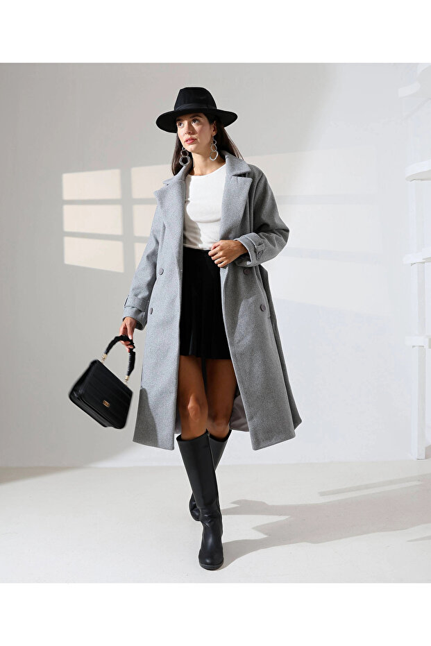 Women's Gray Belted Double-Breasted Wide Collar Oversize Cashmere Coat