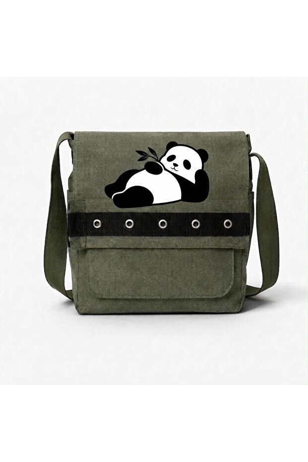 Hakş Panda White Printed Round Eyelet Messenger Bag
