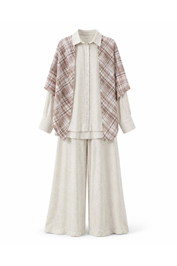 Plaid Detailed Linen Three-Piece Set