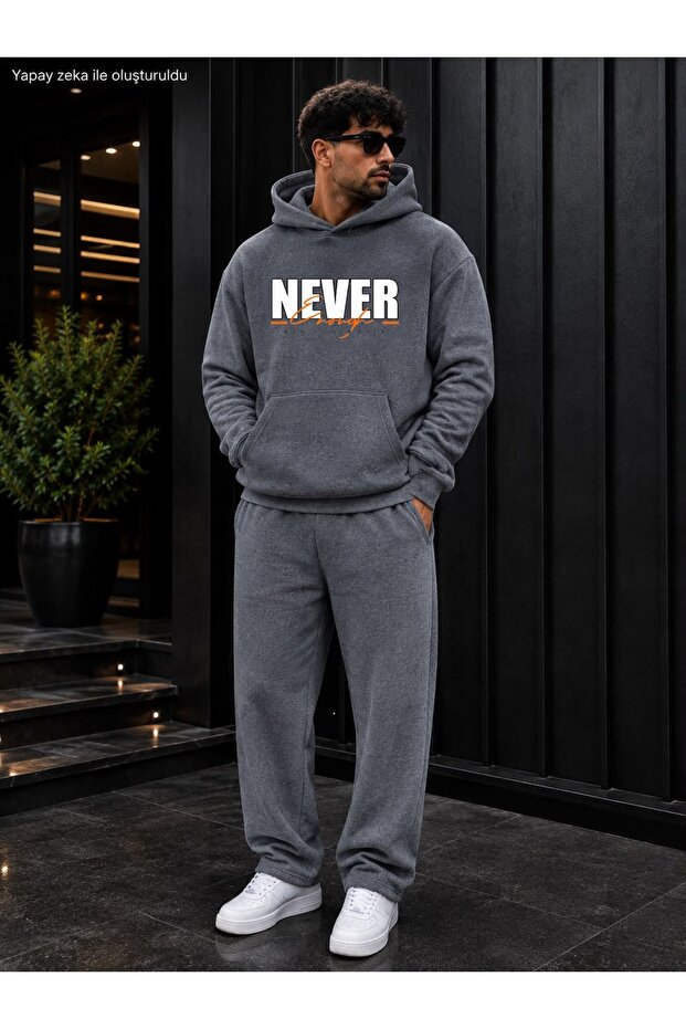 Men's Never Enough Written Sweatpants Set / Hooded Sweatshirt with Kangaroo Pocket and Straight-Leg Bottoms
